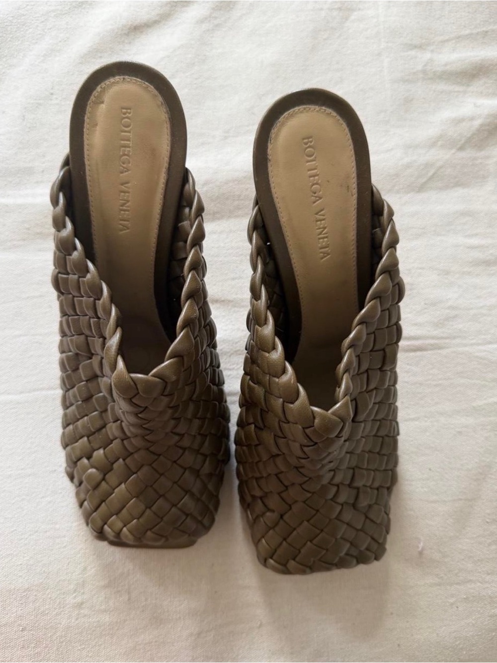 Bottega Veneta Olive Green Intrecciato Braided Leather Mules